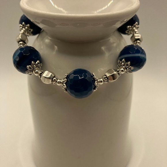 DARK Blue Agate Beaded Bracelet Large Agate Faceted Bead 14mm Grade A NEW - Picture 11 of 13